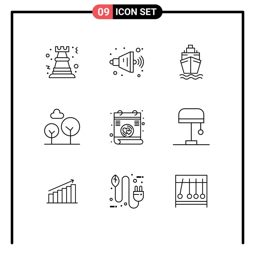 Mobile Interface Outline Set of 9 Pictograms of desk love ship letter evergreen tree Editable Vector Design Elements