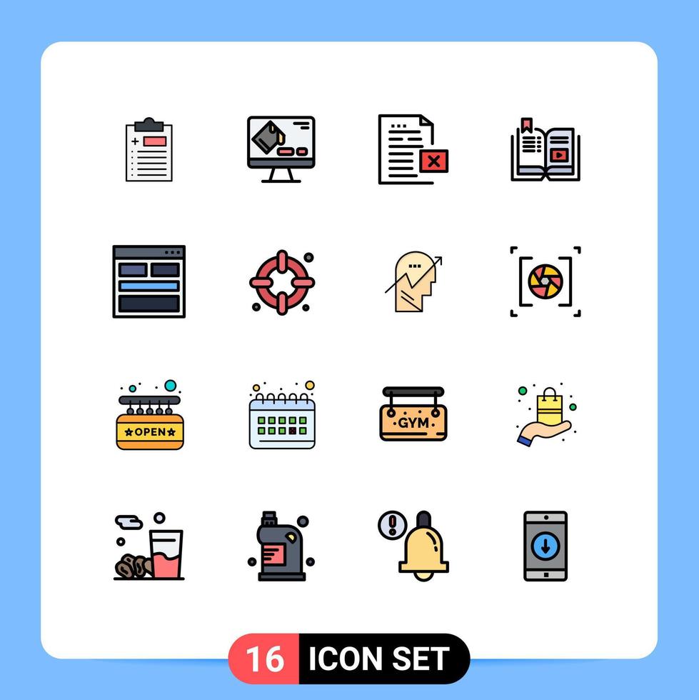 conjunto moderno de 16 líneas y símbolos rellenos de color plano, como elementos de diseño de vectores creativos editables de oficina de video de datos de tutorial multimedia