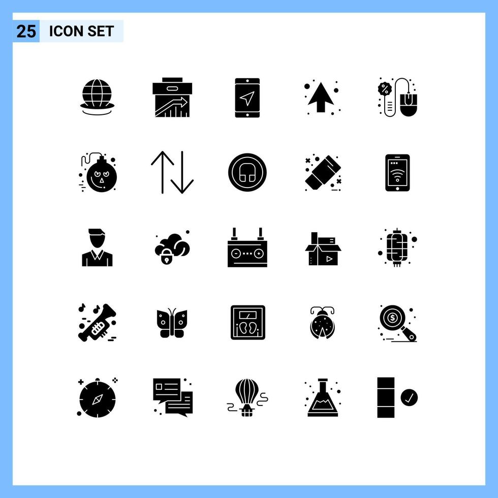 25 User Interface Solid Glyph Pack of modern Signs and Symbols of mouse up marketing arrows service Editable Vector Design Elements
