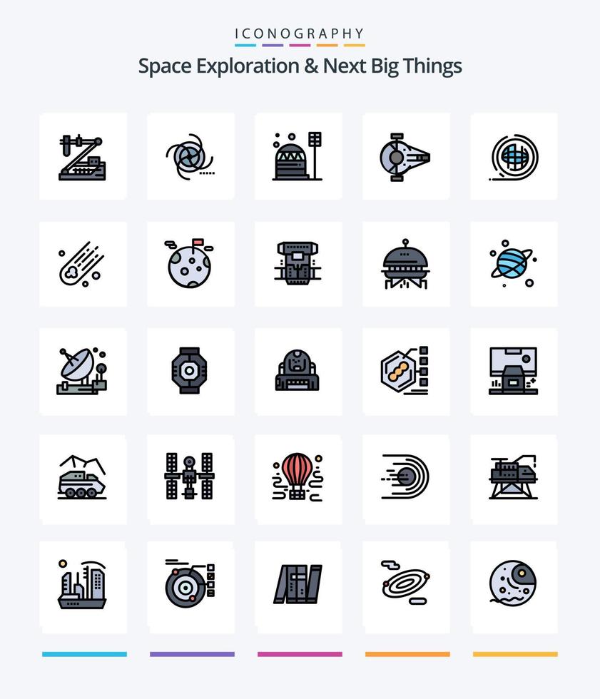 Creative Space Exploration And Next Big Things 25 Line FIlled icon pack  Such As interceptor. cruiser. galaxy. habitation. construction vector