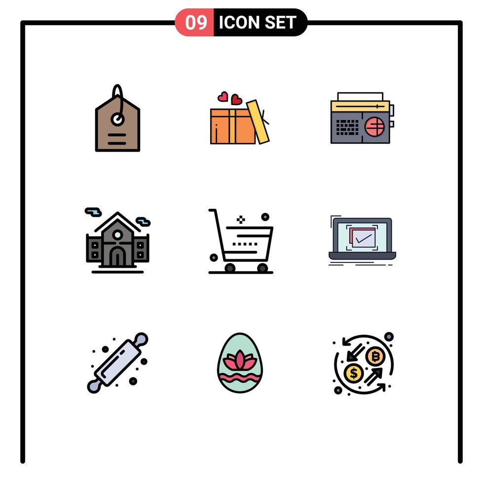 9 iconos creativos, signos y símbolos modernos de la tienda, comercio electrónico, carrito de música, bienes raíces, elementos de diseño vectorial editables vector