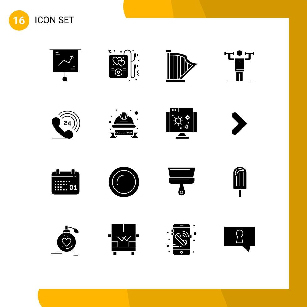 paquete de 16 signos y símbolos modernos de glifos sólidos para medios de impresión web, como elementos de diseño de vectores editables de sonido de disciplina de audio humano de fuerza