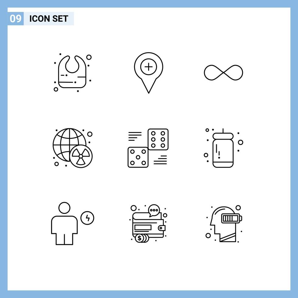 Group of 9 Outlines Signs and Symbols for dice waste infinite coin radioactive currency Editable Vector Design Elements