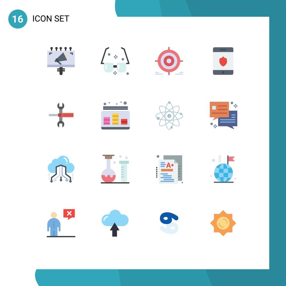 paquete de 16 signos y símbolos modernos de colores planos para medios de impresión web, como la configuración, el escudo, las gafas de sol, el objetivo de seguridad, un paquete editable de elementos creativos de diseño de vectores