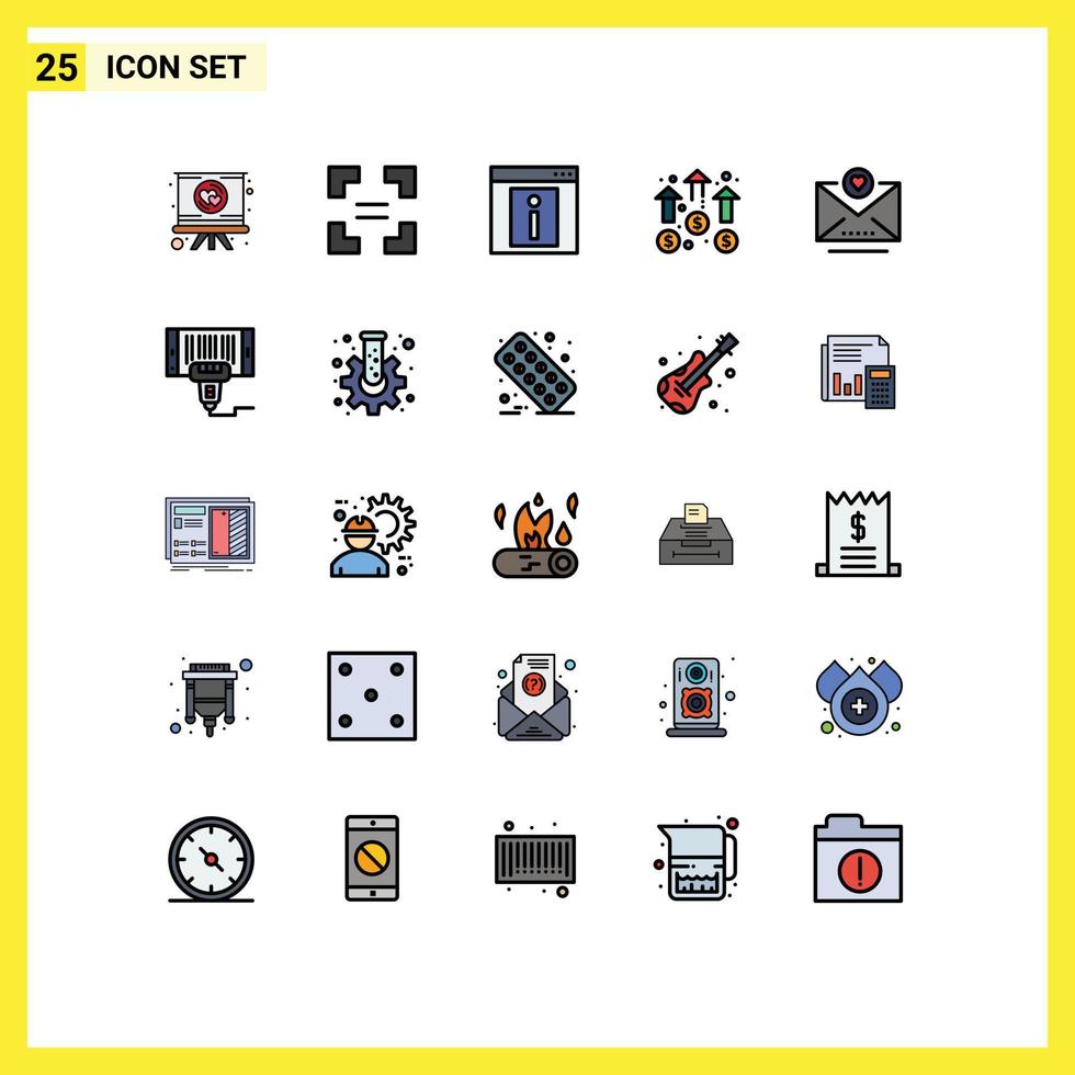 25 User Interface Filled line Flat Color Pack of modern Signs and Symbols of email marketing info growth achievement Editable Vector Design Elements