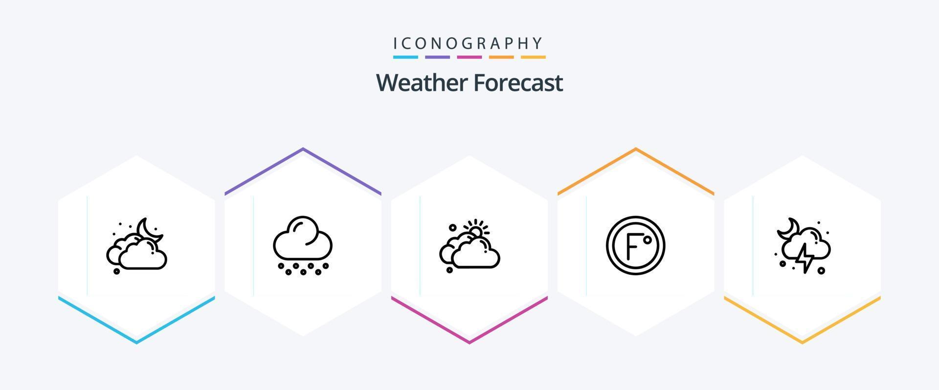 paquete de iconos de 25 líneas meteorológicas que incluye relámpagos. tiempo. nuboso. temperatura. grado vector