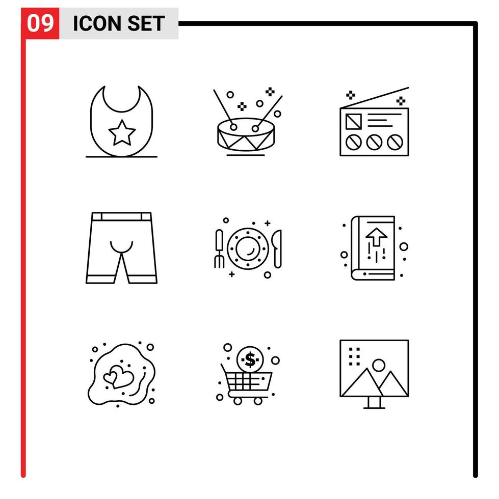9 User Interface Outline Pack of modern Signs and Symbols of dish dress communication clothing accessories Editable Vector Design Elements