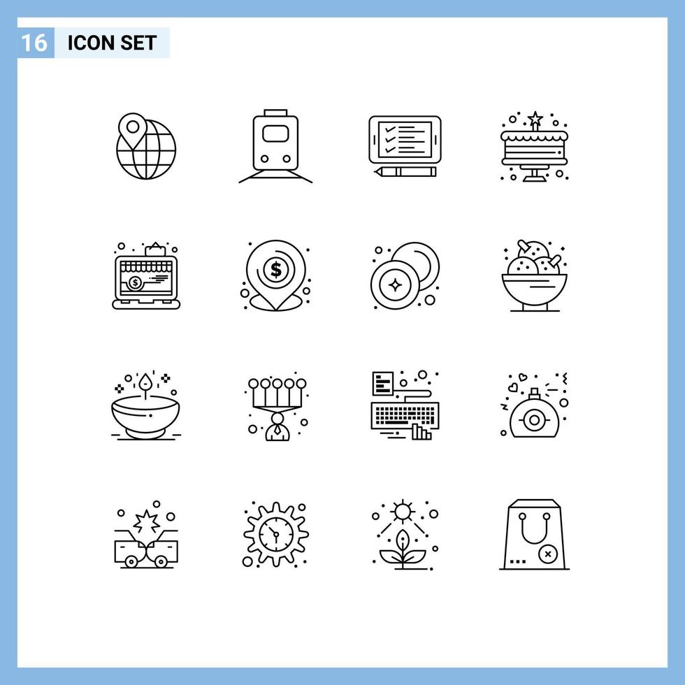 Universal Icon Symbols Group of 16 Modern Outlines of shop app phone new year cake Editable Vector Design Elements