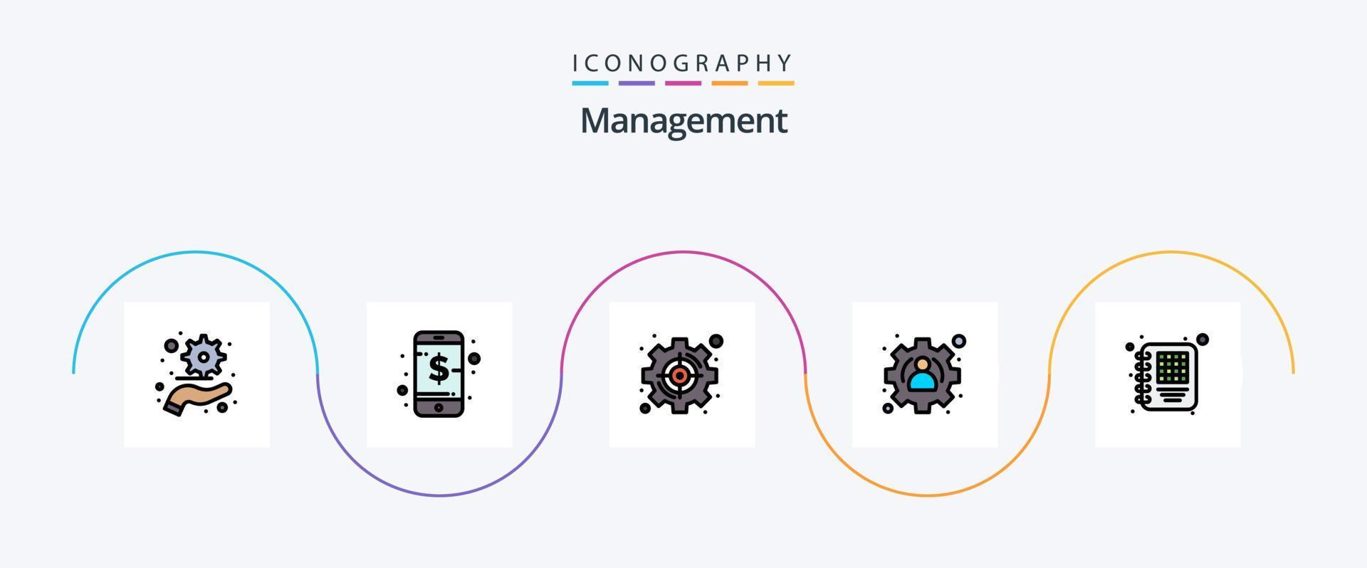 la línea de gestión llenó el paquete de iconos planos 5 que incluye la gestión. negocio. administración. usuario. administración vector