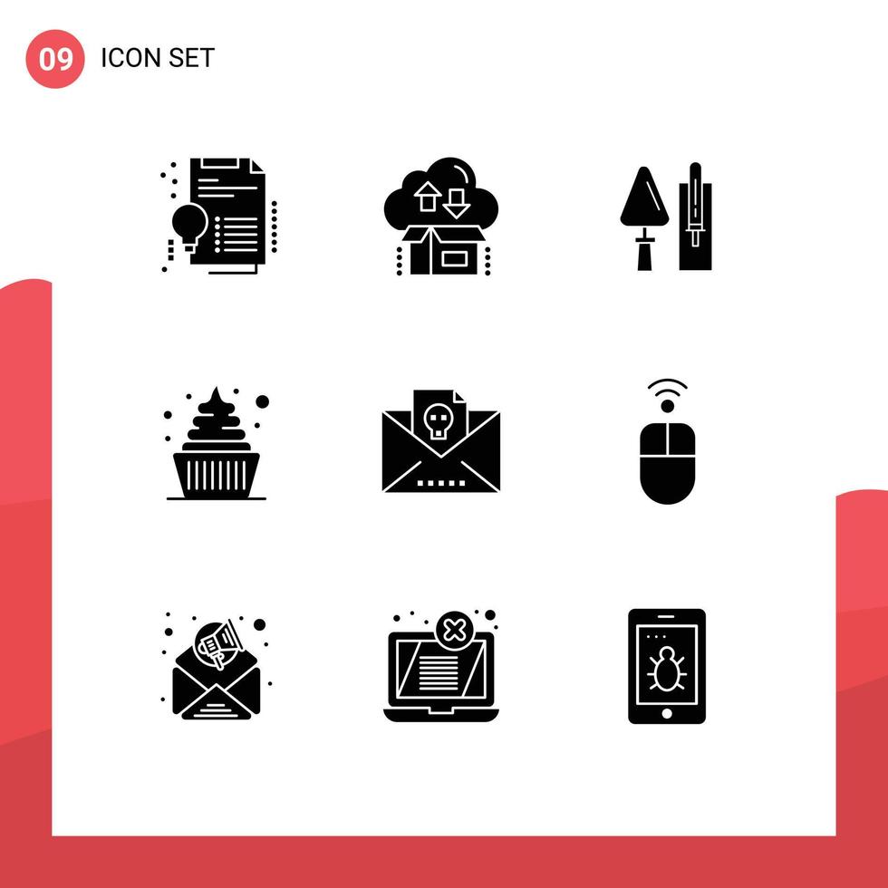 Editable Vector Line Pack of 9 Simple Solid Glyphs of sweets dessert arrow cream masonry Editable Vector Design Elements