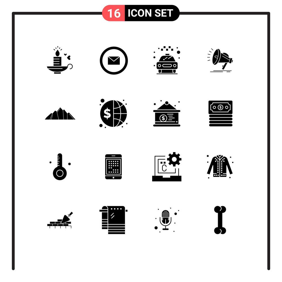 Universal Icon Symbols Group of 16 Modern Solid Glyphs of landscape voice car audio speaker Editable Vector Design Elements