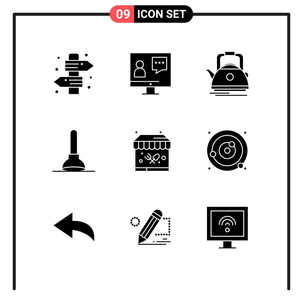Set of 9 Commercial Solid Glyphs pack for tool plunger online pot teapot Editable Vector Design Elements