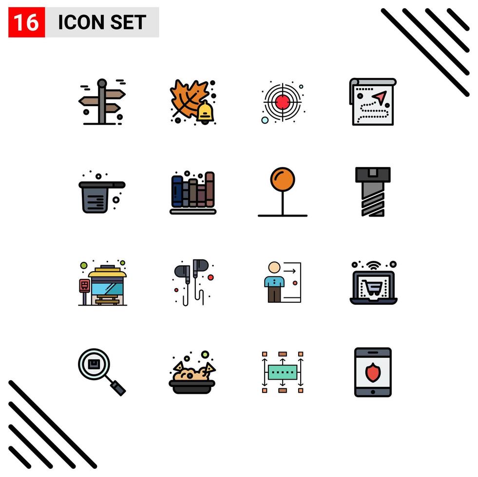 Modern Set of 16 Flat Color Filled Lines and symbols such as baking destination focus target map Editable Creative Vector Design Elements