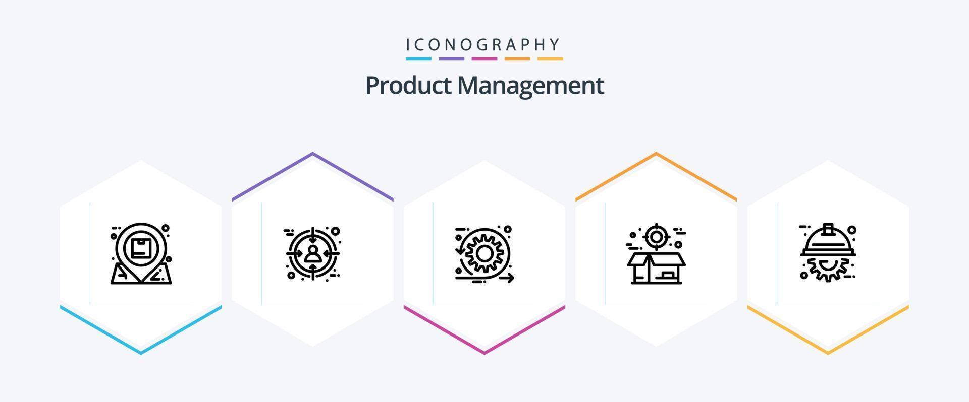 paquete de iconos de 25 líneas de gestión de productos que incluye la entrega. cajas objetivo. caja. pique vector