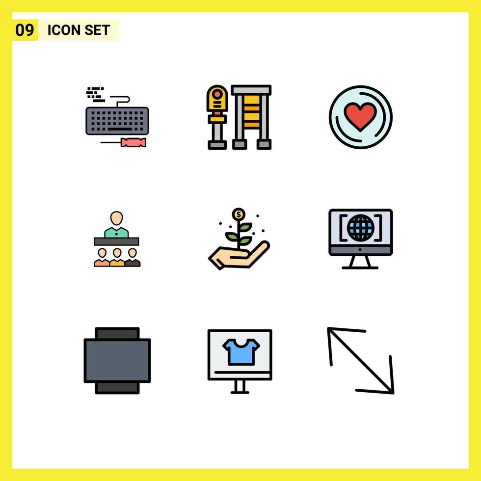 9 Thematic Vector Filledline Flat Colors and Editable Symbols of startup growth heart office team Editable Vector Design Elements