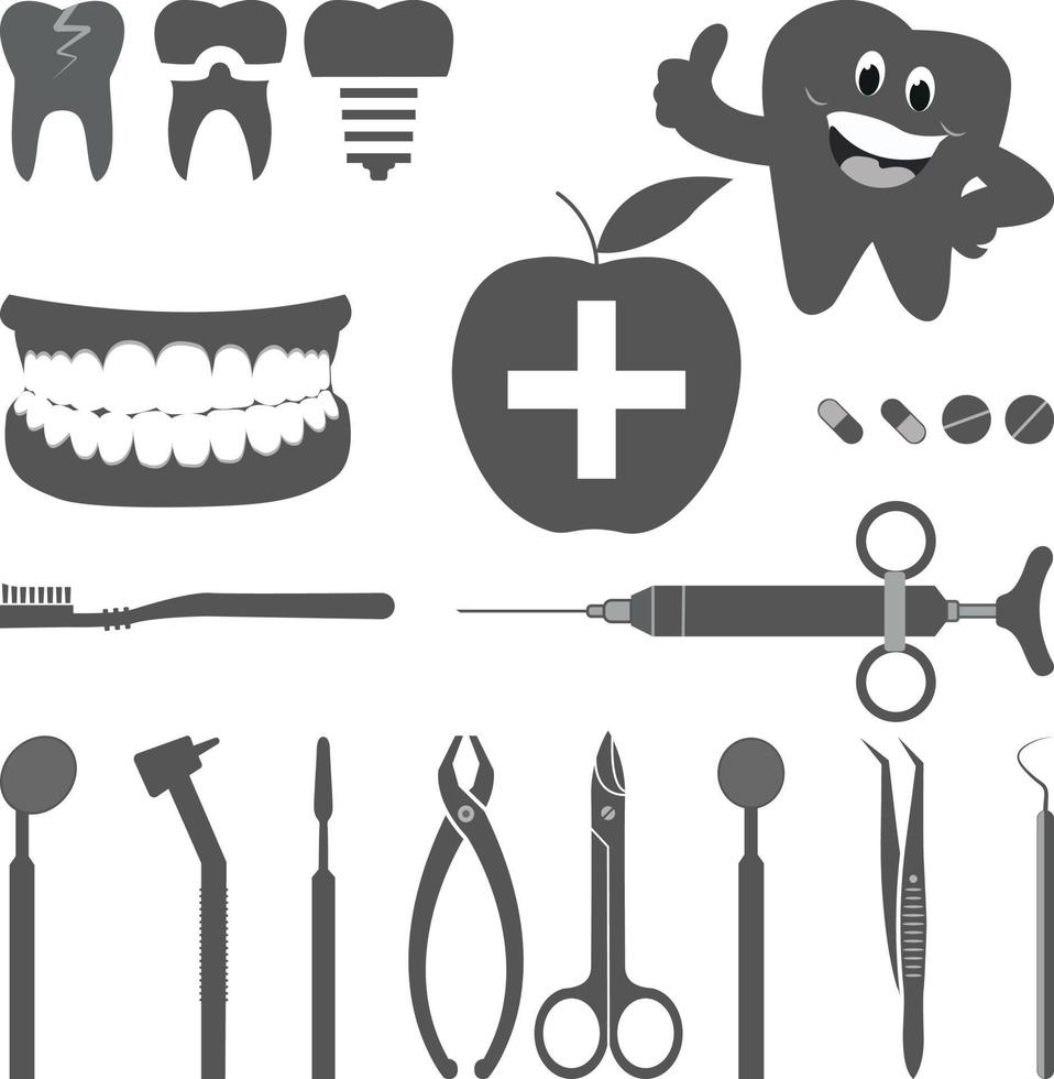 equipo de dentista conjunto de elementos vectoriales en blanco y negro vector