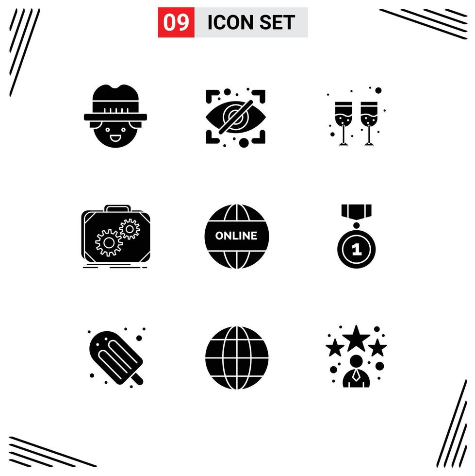 Pictogram Set of 9 Simple Solid Glyphs of website business glass work production Editable Vector Design Elements