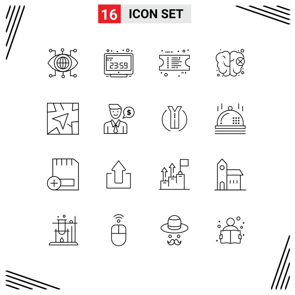 Modern Set of 16 Outlines Pictograph of route gps display mind brain Editable Vector Design Elements
