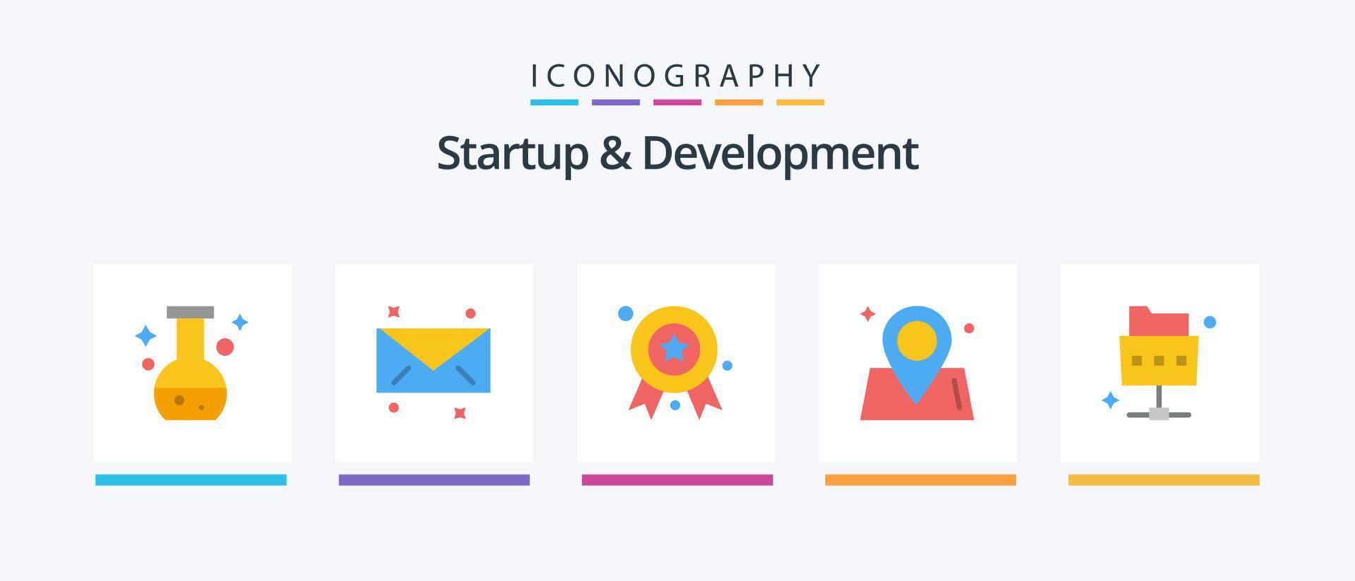 Startup And Develepment Flat 5 Icon Pack Including folder. network. award badge. world. map. Creative Icons Design vector