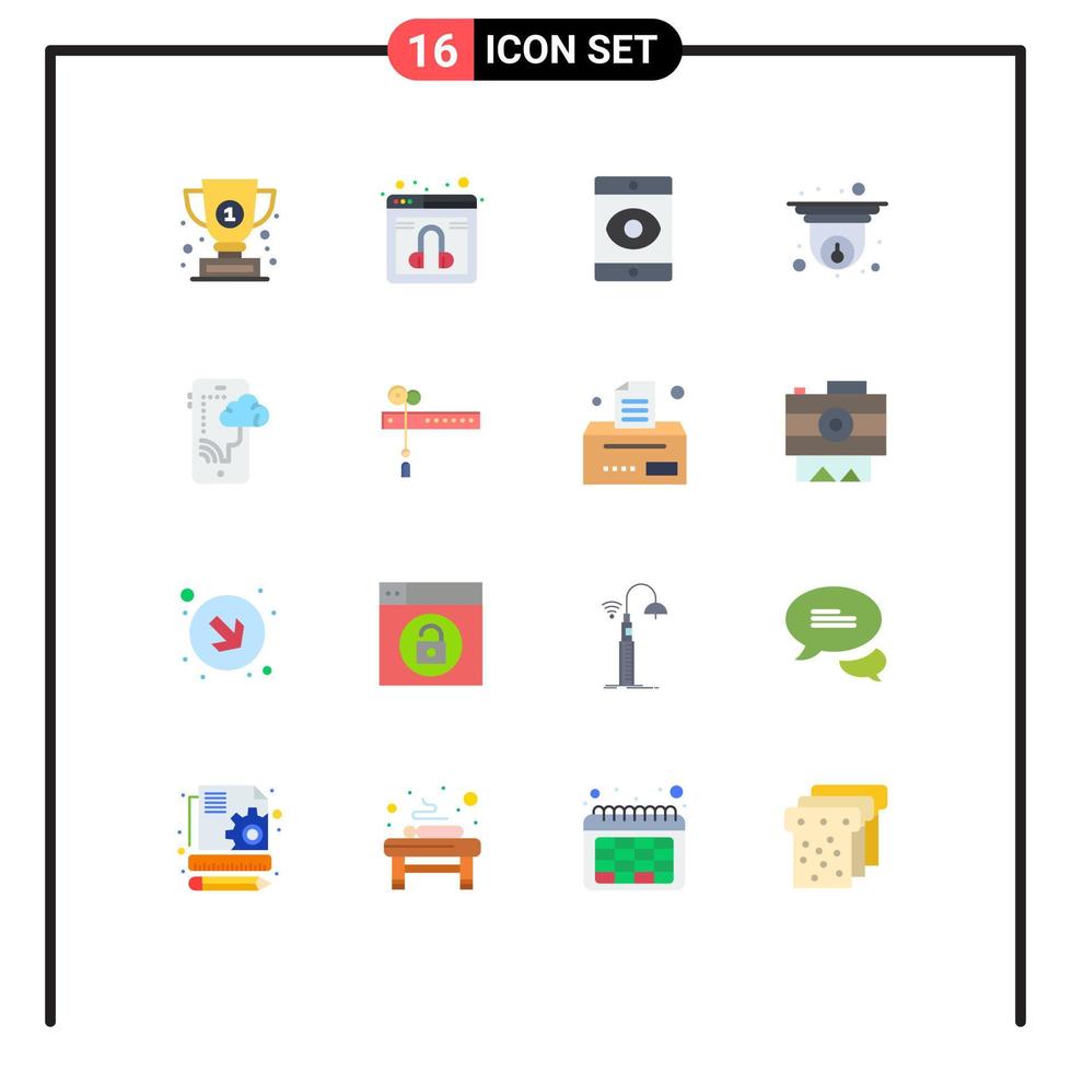 Set of 16 Vector Flat Colors on Grid for mobile cloud smartphone information cctv Editable Pack of Creative Vector Design Elements