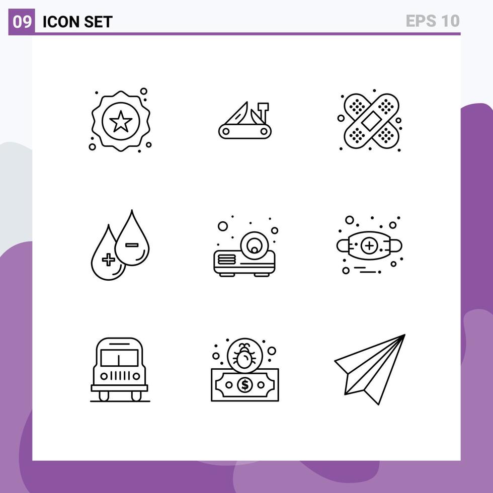 Pack of 9 Modern Outlines Signs and Symbols for Web Print Media such as beamer plus swiss liquid blood Editable Vector Design Elements