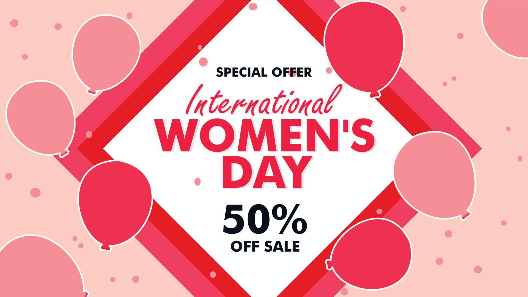 Women's Day Special Offer. 50 Off Sale banner design with white frame, pink and white air balloons on rosy background vector