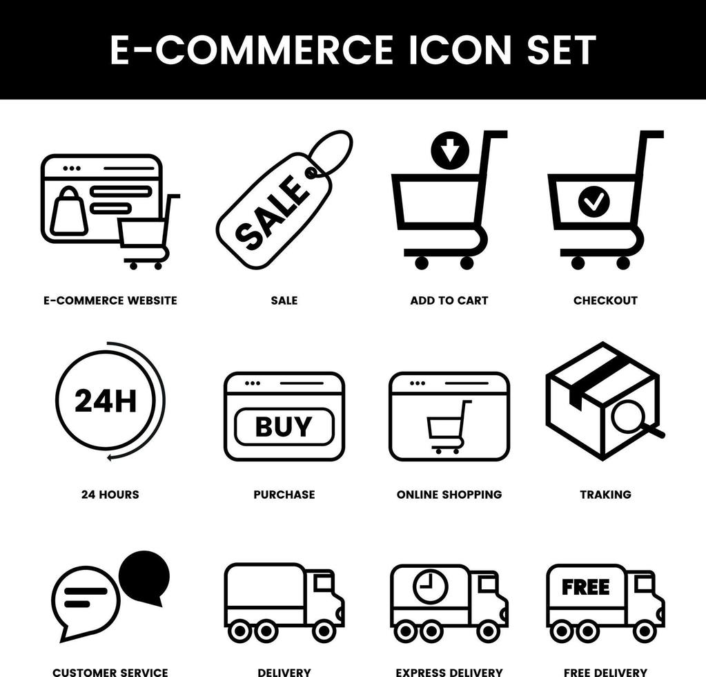 Vector set E-commerce icons. Online shopping and delivery elements. E-business symbol.