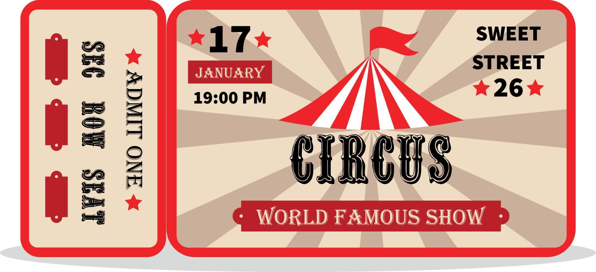 Vintage circus ticket.  Admit one coupon. Illustration of a vintage and retro design circus ticket. Vector circus luxury greeting card illustration.