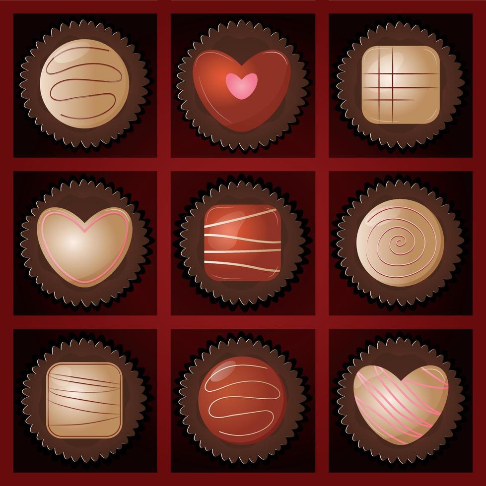 Valentine's day, birthday chocolates in box. Chocolate set, delicious dessert pattern, love banner, top view chocolate pralines collection, chocolate vector illustration