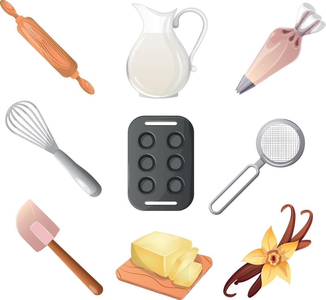 Set of baking tools. Kitchenware, cooking baking utensil.  Desserts, pastry dishes, ingredients for baking items. Whisk, spatulas, steiner, vanilla, pastry bag, measuring spoons. Vector illustration