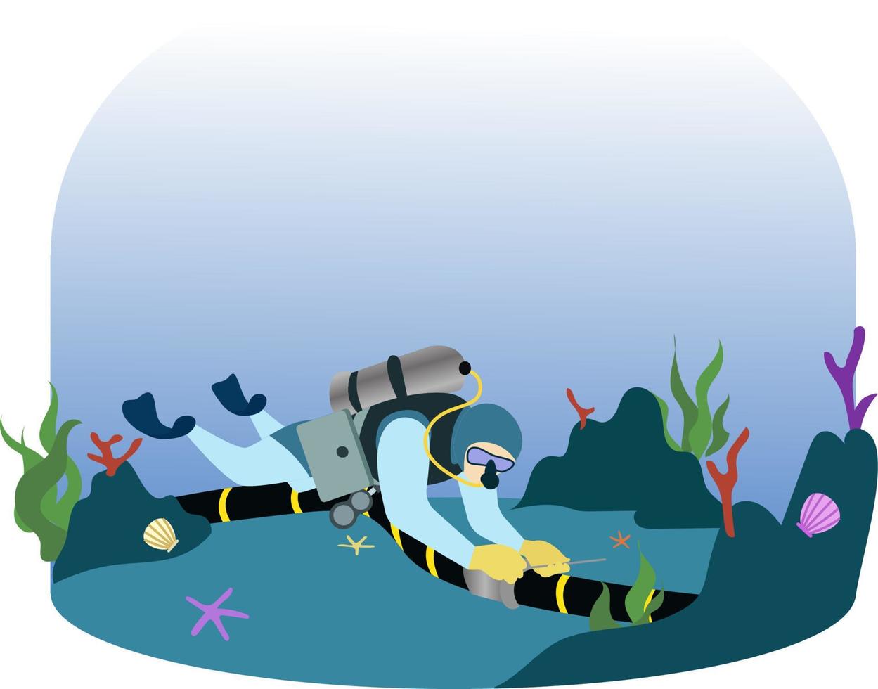 repairing a submarine internet cable vector illustration, undersea internet cable service, Submarine internet communication cable under maintenance vector illustration