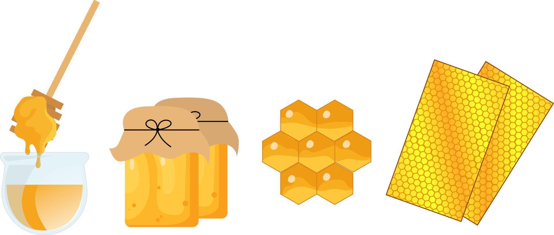 honey set, honeycomb from bee, honey jam in the jar, wax and spoon vector illustration, icon and symbol concept