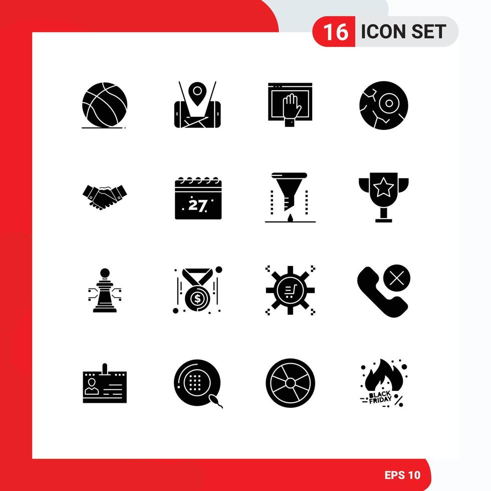 Editable Vector Line Pack of 16 Simple Solid Glyphs of handshake night access moon open Editable Vector Design Elements