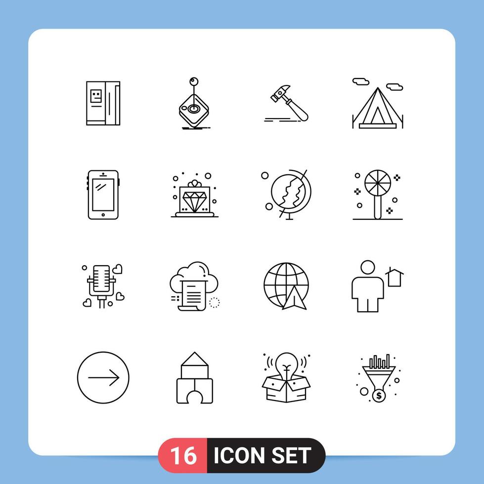 paquete de 16 signos y símbolos de contornos modernos para medios impresos en la web, como teléfonos, palos de camping, carpas de playa, fuertes elementos de diseño de vectores editables
