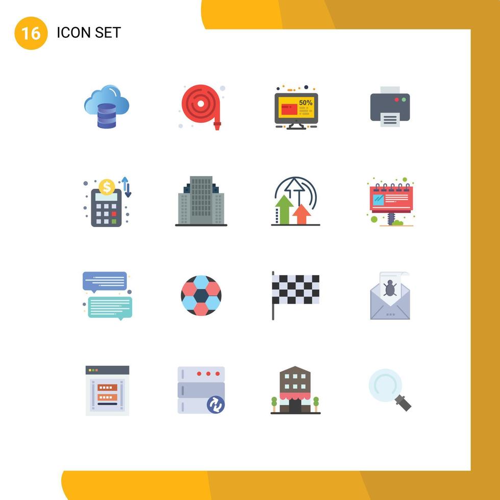 Pack of 16 Modern Flat Colors Signs and Symbols for Web Print Media such as accounts plan printed discount print friday Editable Pack of Creative Vector Design Elements
