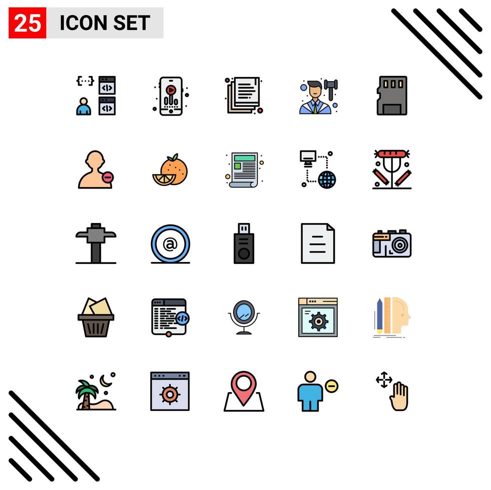 25 User Interface Filled line Flat Color Pack of modern Signs and Symbols of memory lawyer copy law judge Editable Vector Design Elements