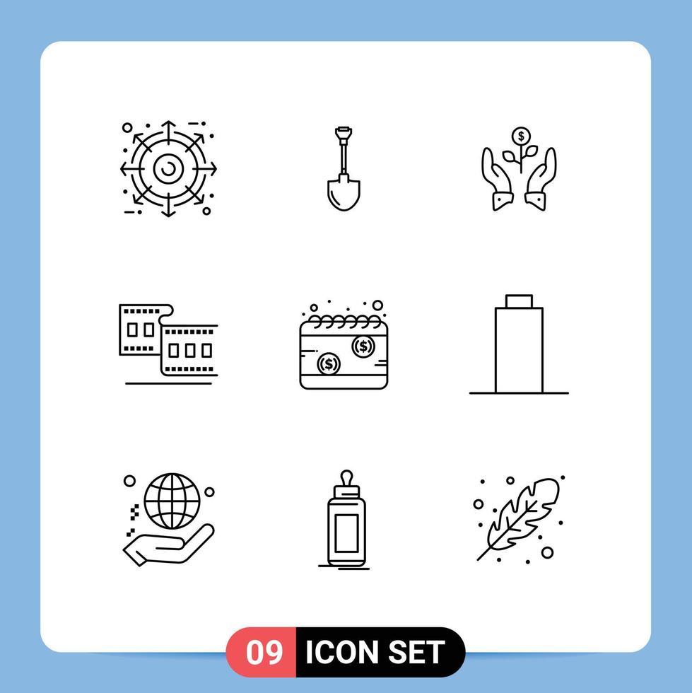 paquete de 9 signos y símbolos de contornos modernos para medios de impresión web, como el aumento de cine, la planta de excavación, el cultivo de elementos de diseño de vectores editables