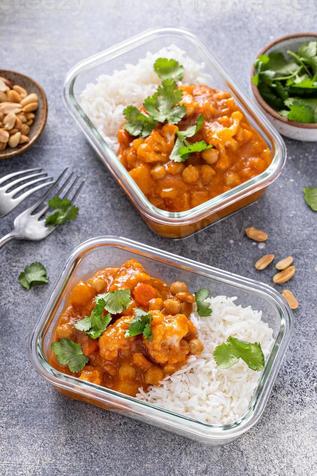 Vegan meal prep idea vegetable and chickpeas curry with rice photo