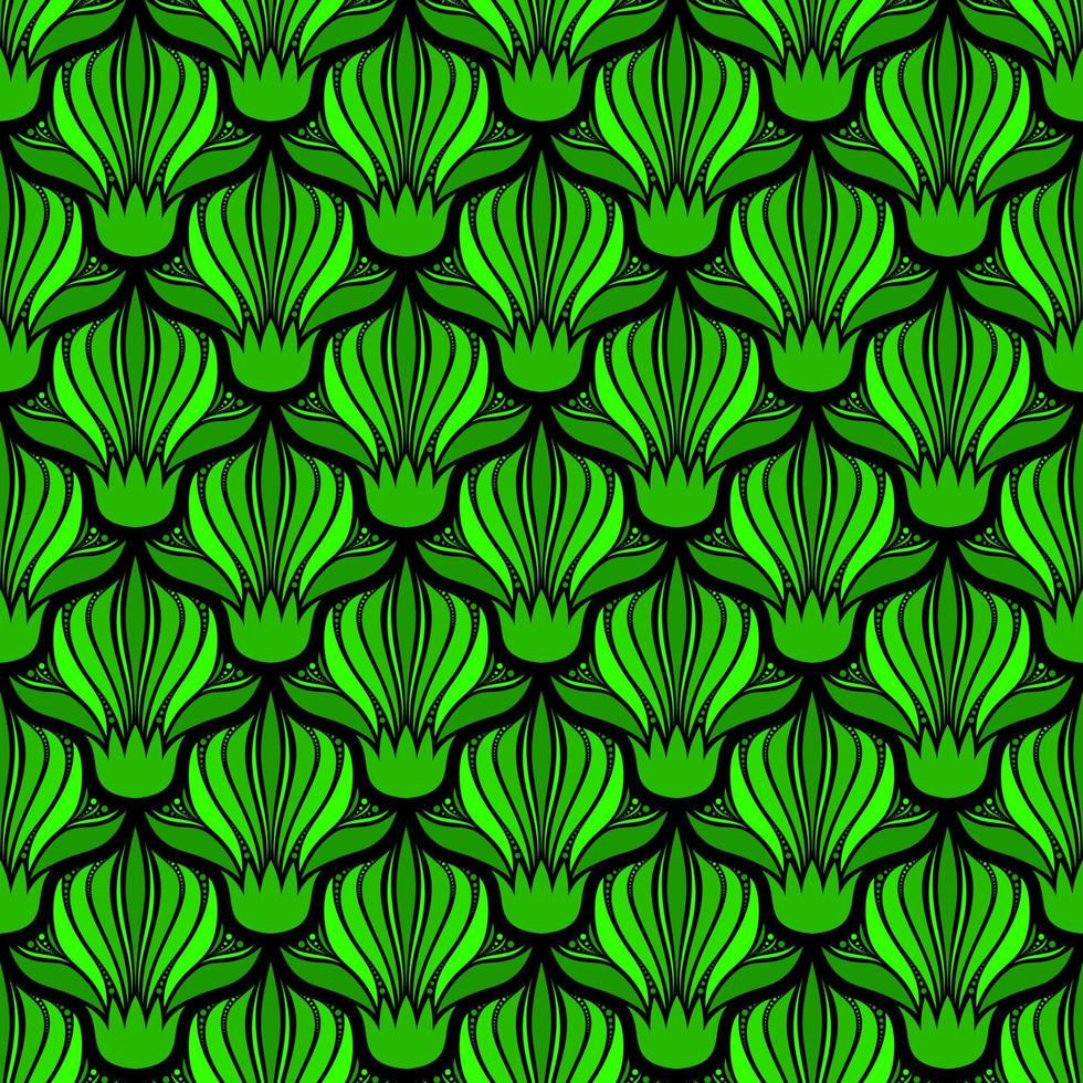 BLACK SEAMLESS VECTOR ART NOUVEAU BACKGROUND WITH GREEN FLOWERS