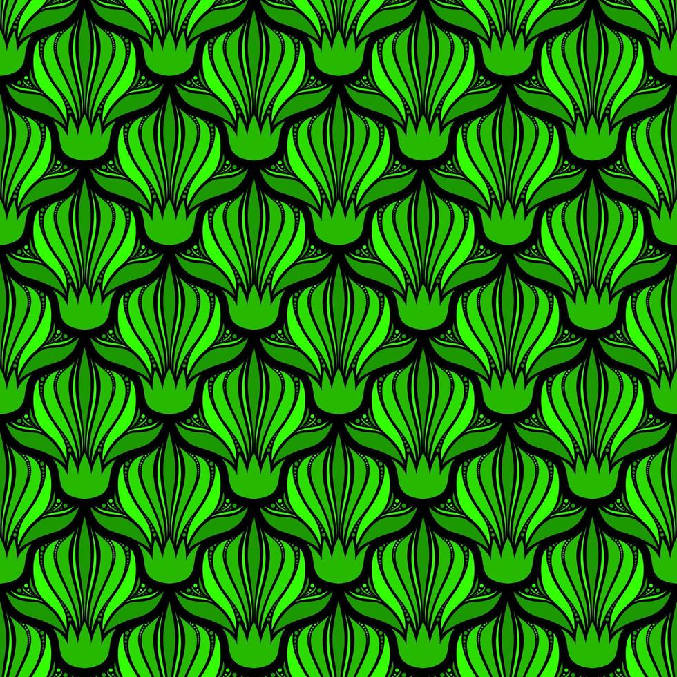 BLACK SEAMLESS VECTOR ART NOUVEAU BACKGROUND WITH GREEN FLOWERS