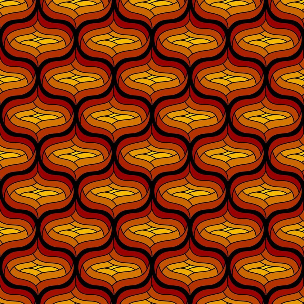 BLACK SEAMLESS ART DECO VECTOR BACKGROUND WITH RED AND YELLOW ABSTRACT ELEMENTS