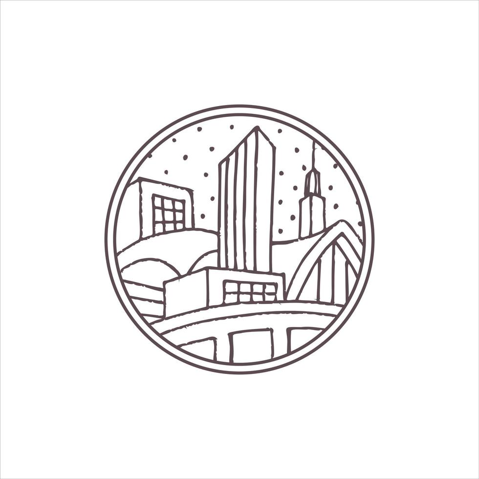 View of city illustration or monoline vintage badge design vector