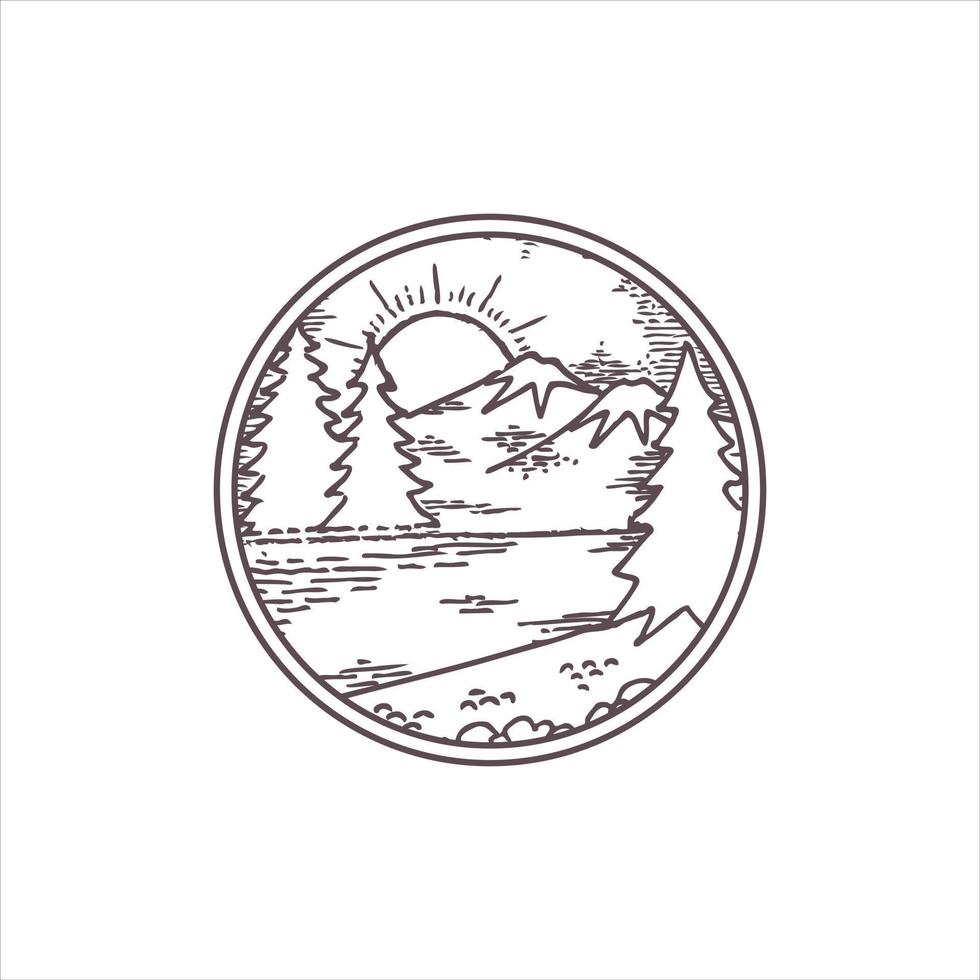 Sun and Mountain illustration or monoline vintage badge design vector