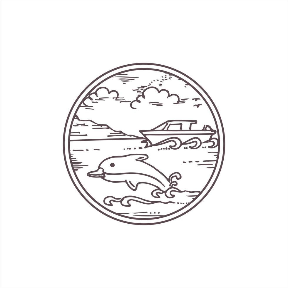 Dolphin and sea illustration or monoline vintage badge design vector