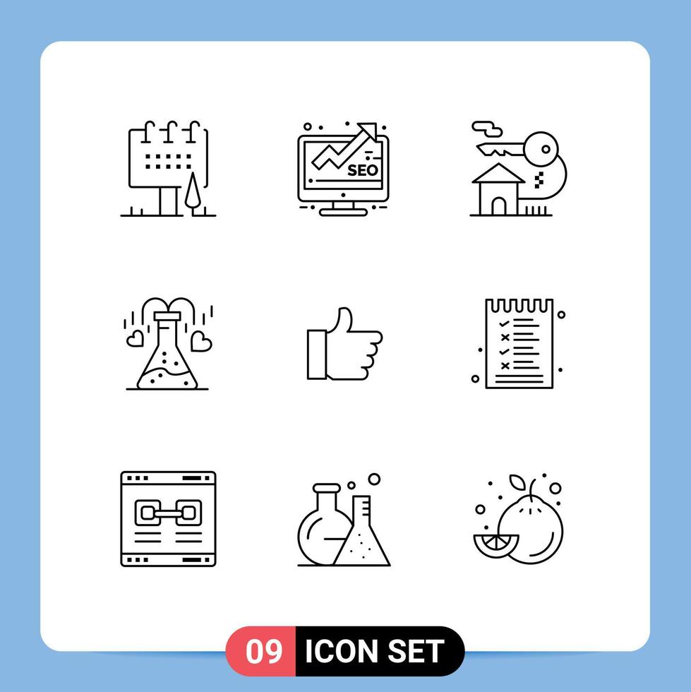 Universal Icon Symbols Group of 9 Modern Outlines of hand heart seo flask key Editable Vector Design Elements
