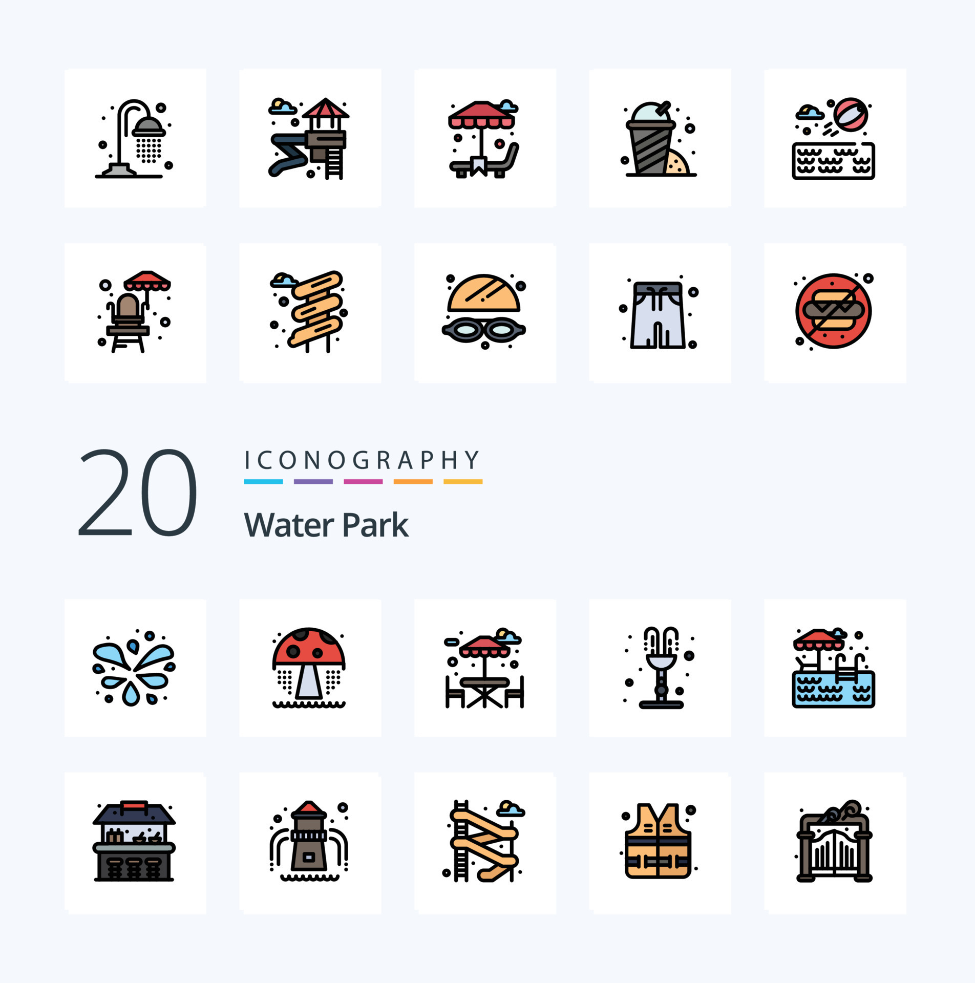 20 Water Park Line Filled Color icon Pack like water swimming park park