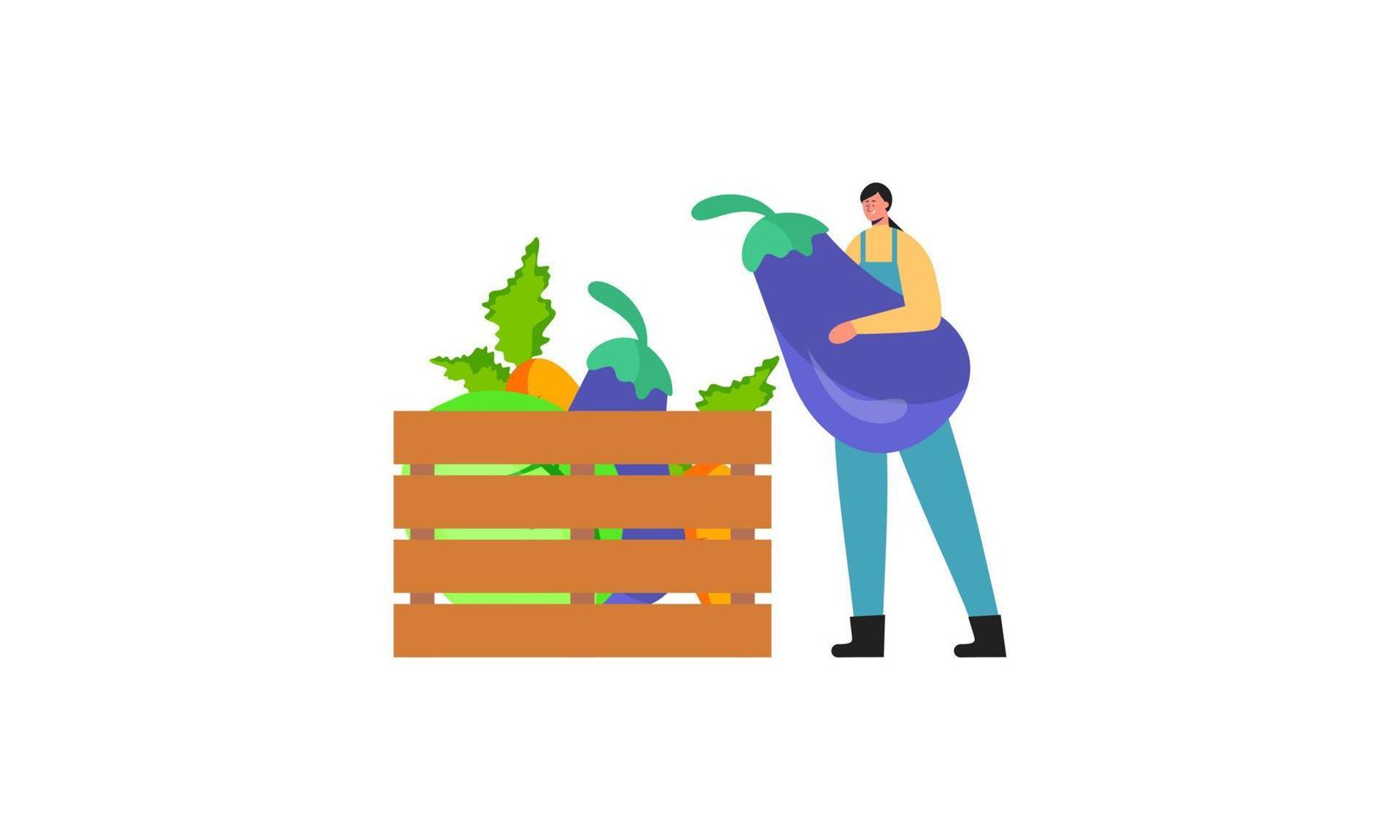 Tiny farmer and selling fresh farm vegetables to buyer illustration concept vector