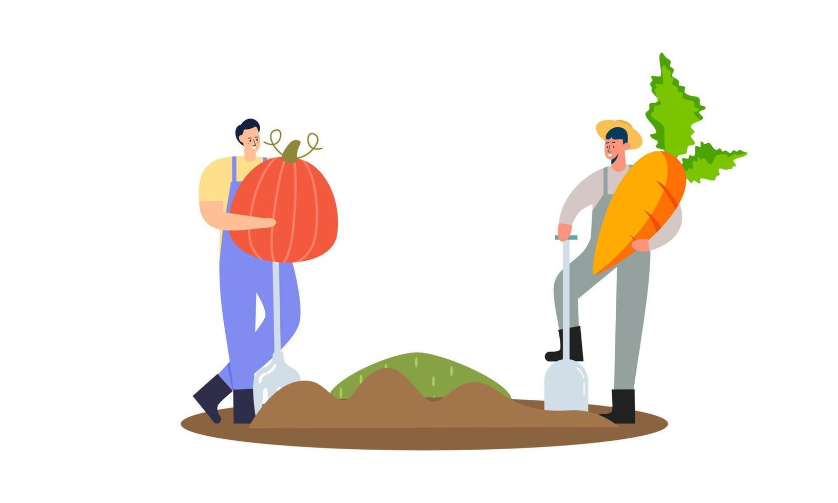 Tiny farmer and selling fresh farm vegetables to buyer illustration concept vector