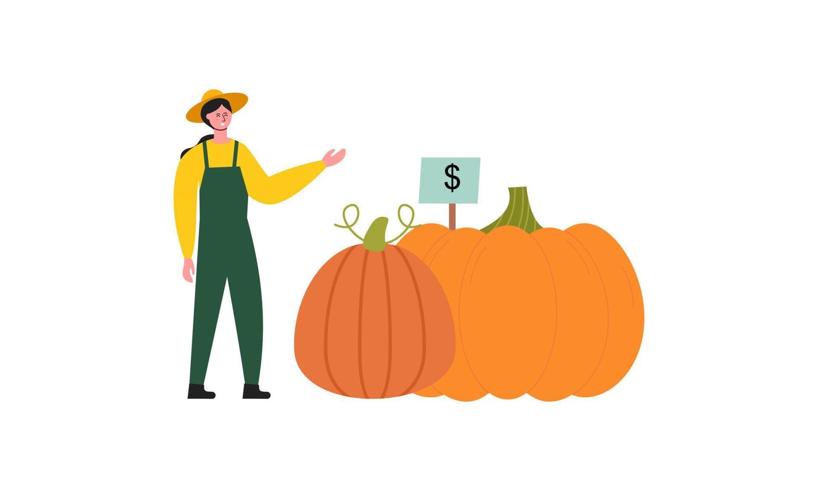 Tiny farmer and selling fresh farm vegetables to buyer illustration concept vector