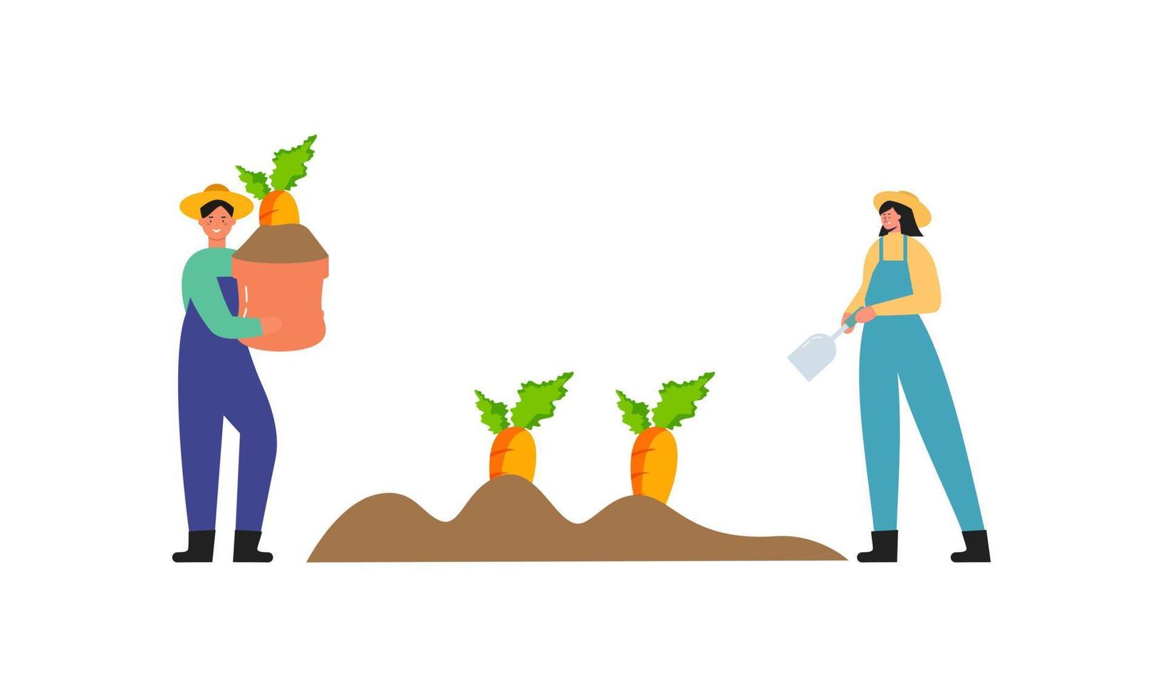 Tiny farmer and selling fresh farm vegetables to buyer illustration concept vector